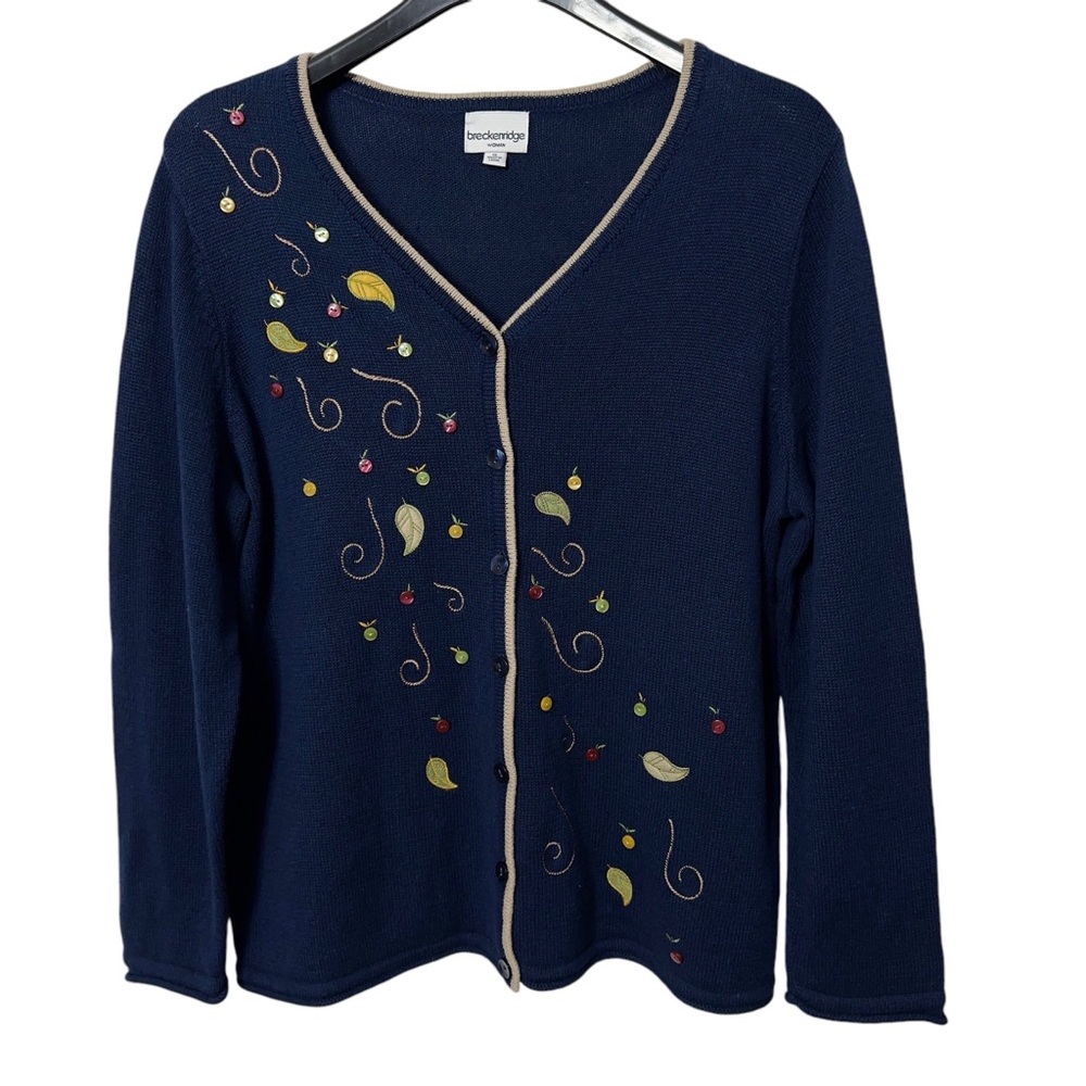 Breckinridge Button Front Cardigan Sweater w Embroidered Leaves Womens Size 1X